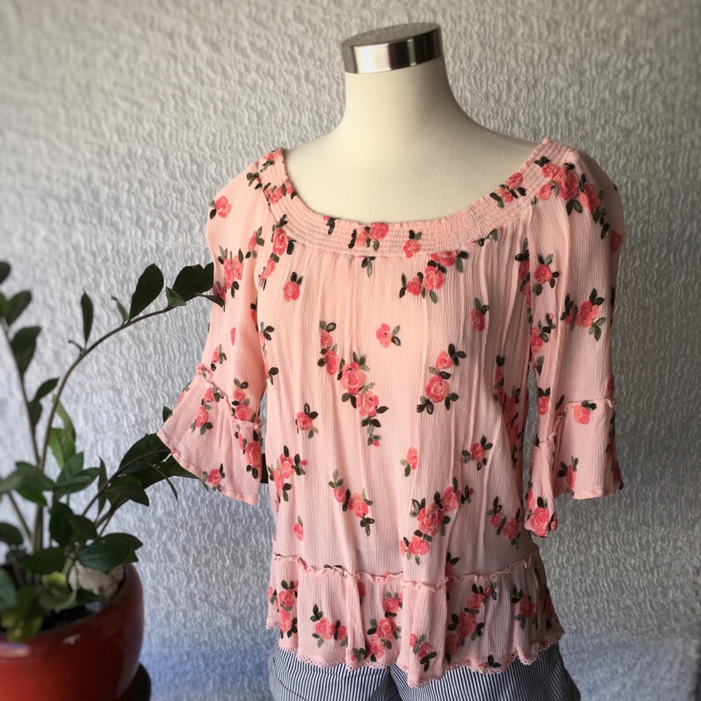 Wit & Wisdom Pink Floral Embroidered Peasant Top